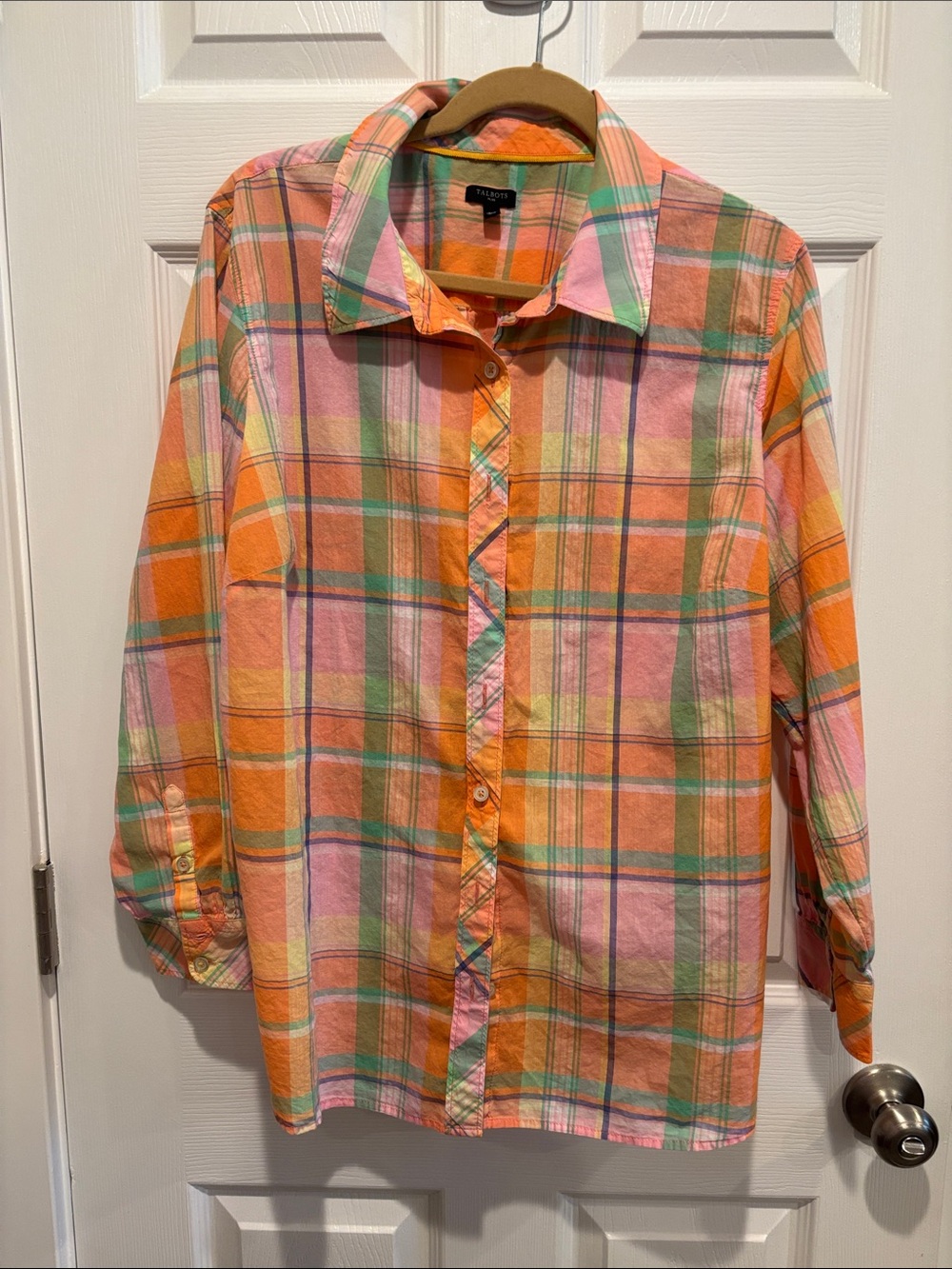 Talbots Pink Orange Green Plaid Button-Down Blouse